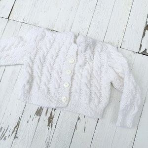 Vintage Chunky White Knitted Baby Cardigan | Vintage Baby Clothing | Vintage Baby Sweater with Pearlescent Buttons