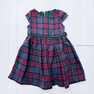 Vintage Green & Red Tartan Girl&#39;s Dress with Waist Ties | Metal Zip | Handmade Vintage Girl&#39;s Dress