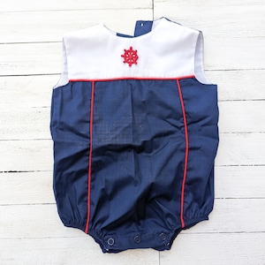 Vintage Bryan Blue & White Nautical Baby Romper | Vintage Sailor Style Baby Romper | Vintage Baby Bubble Romper | Size 0
