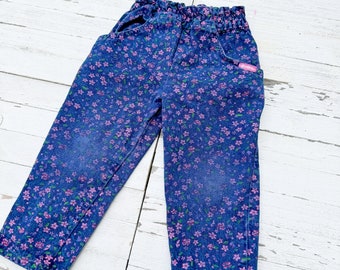 Vintage OshKosh B'Gosh Blue Denim Baby Jeans with Pink Floral Pattern Paper Bag Style | 100% Cotton | Size 2T