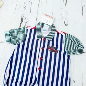 Vintage Small Steps 1990s Style Blue & White Striped Baby Bubble Romper with &quot;Big Guy&quot; Patch on Chest | 100% Cotton | Green Striped Sleeves