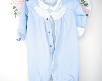 Vintage Blue and White Quilted Baby Pajamas with Flip Hand Covers | Vintage Baby Pajamas | Vintage Baby Clothing | Size 3 Mos