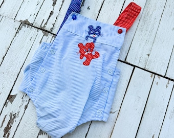 Vintage Blue & White Striped Baby Bubble Romper with Teddy Bears on Front | Retro Baby Clothing | Vintage Overalls | Size 3-6 Months
