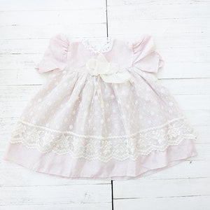 Vintage Dusty Pink Baby Girl&#39;s Dress with Lace Apron and Puff Sleeves | Vintage Girl&#39;s Dress | Made in USA | Size 2T