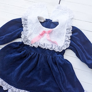Vintage Navy Blue Girl&#39;s Dress with Oversized Lace Collar | Vintage Girl&#39;s Dress | Vintage Toddler Dress | Made in USA | Size 4T