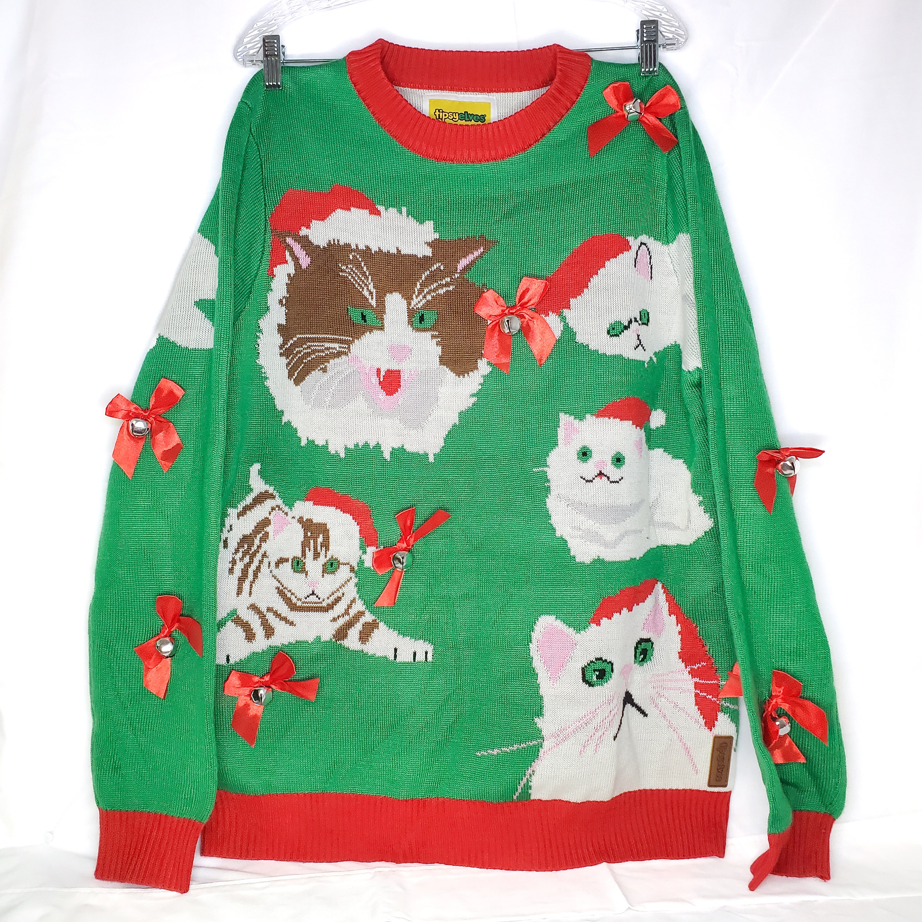 Tipsy Elves Christmas Ugly Sweater Oversized Crazy Cat Lady with Bells Size Large