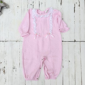 Vintage Pink Healthtex Baby Romper with Lace & Bow Detail | Vintage Baby Romper | Made in USA | Size 12 Months