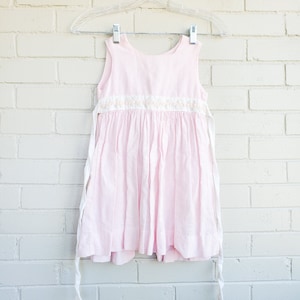 Vintage Pink Linen & Cotton Toddler Girl&#39;s Dress with Floral Waist and Waist Ties | Size 3T
