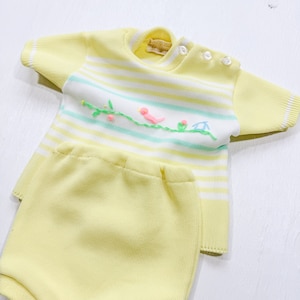 Vintage Novelty Knit Yellow & White Baby Set | Retro Baby Clothing | Vintage Baby Clothing Set Diaper Cover and Top | 0-3 Months
