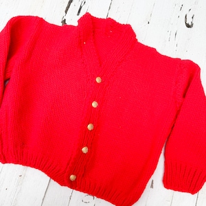 Vintage Handknitted Red Kid&#39;s Sweater with Gold Buttons | Vintage Baby Cardigan | Retro Kids Clothing | Unique Vintage