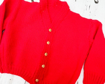Vintage Handknitted Red Kid's Sweater with Gold Buttons | Vintage Baby Cardigan | Retro Kids Clothing | Unique Vintage