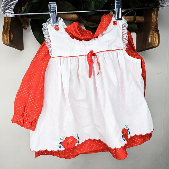 Vintage Red & White Baby Girls Long Sleeved Dress… - image 3