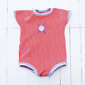 Vintage Red & White Striped Baby Bodysuit with baseball-themed embroidery | Retro Baby Onesie | Vintage Baby Style