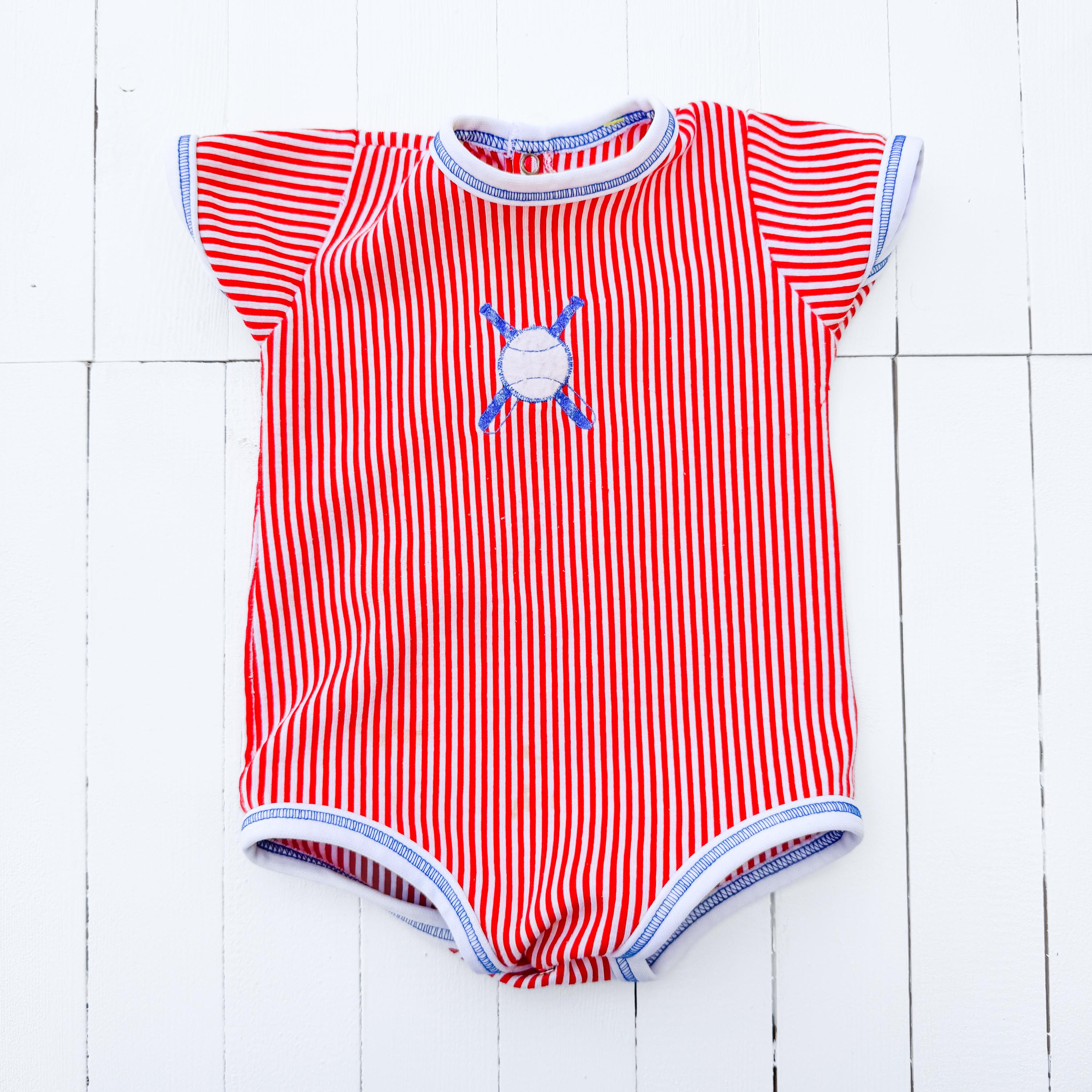 Vintage Red White Striped Baby Bodysuit With Baseball-themed