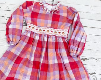Vintage Inspired Bonnie Jean Pink & Purple Plaid Smocked Harvest Dress Fall Themed with Ruffled Collar | Retro Long-Sleeved Girl's Dress