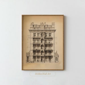Arte de boceto de arquitectura vintage minimalista / Impresión de arquitectura / Dibujo de tinta de arte lineal / Arte de pared de dibujo vintage y arquitectónico / U1027