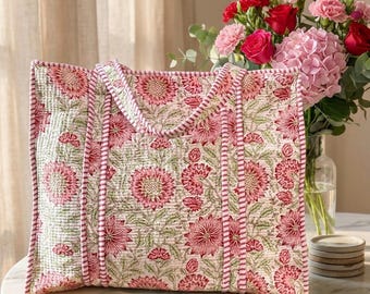 Large block print quilted tote bag zipped ethnic cotton Jaipur print