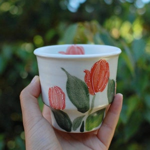 Handmade Flowers Ceramic Mug - Red Tulip - Coffee Mug Ice Cream Cup 250ml 8.4 oz