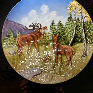 Vintage 1950s Schramberg Majolica Wall Plate – Hand-Painted Germany, Multicolor Forest Deer Scene – 4818