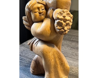 Vintage Hand Carved Wooden Cherub Angel with Flowers Figurine Sculpture