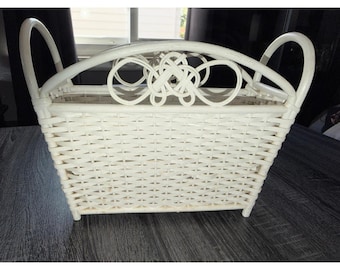 White Wicker Rattan Storage Basket Woven Handle Decorative Home Decor Accent