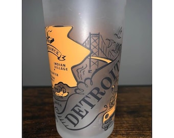 Vintage Detroit Tourist Drinking Glass Orange Black Points of Interest Retro