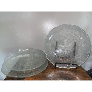 May include: A set of three clear glass plates, each featuring a textured surface that mimics the intricate veins and organic shape of a leaf. One plate is displayed upright on a black metal stand, while two others are stacked horizontally.