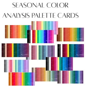 May include: A collection of rectangular seasonal color analysis palette cards featuring various vertical color stripes. The text SEASONAL COLOR ANALYSIS PALETTE CARDS is printed at the top. Each card displays a unique sequence of colors, including shades of red, blue, green, yellow, purple, brown, black, white, and gray.
