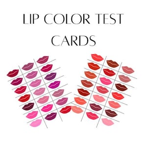 May include: Two rectangular lip colour test cards featuring the text LIP COLOR TEST CARDS at the top. Each card displays a grid of various lip-shaped icons in shades of pink, red, purple, orange, and brown, separated by dashed lines.