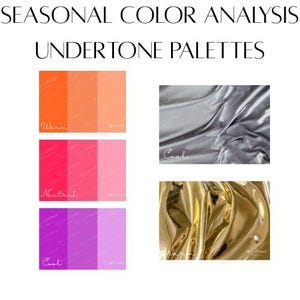 Peut inclure: Un tableau d'analyse colorimétrique saisonnière intitulé SEASONAL COLOR ANALYSIS UNDERTONE PALETTES. Il présente des échantillons de couleurs en dégradés orange, rose et violet étiquetés Warm, Neutral et Cool, avec des textures métalliques.