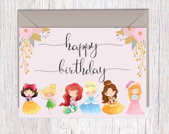 Tarjeta de cumpleaños imprimible de princesa, tarjeta de princesa, tarjeta de cumpleaños para niña, descarga instantánea PNG PDF