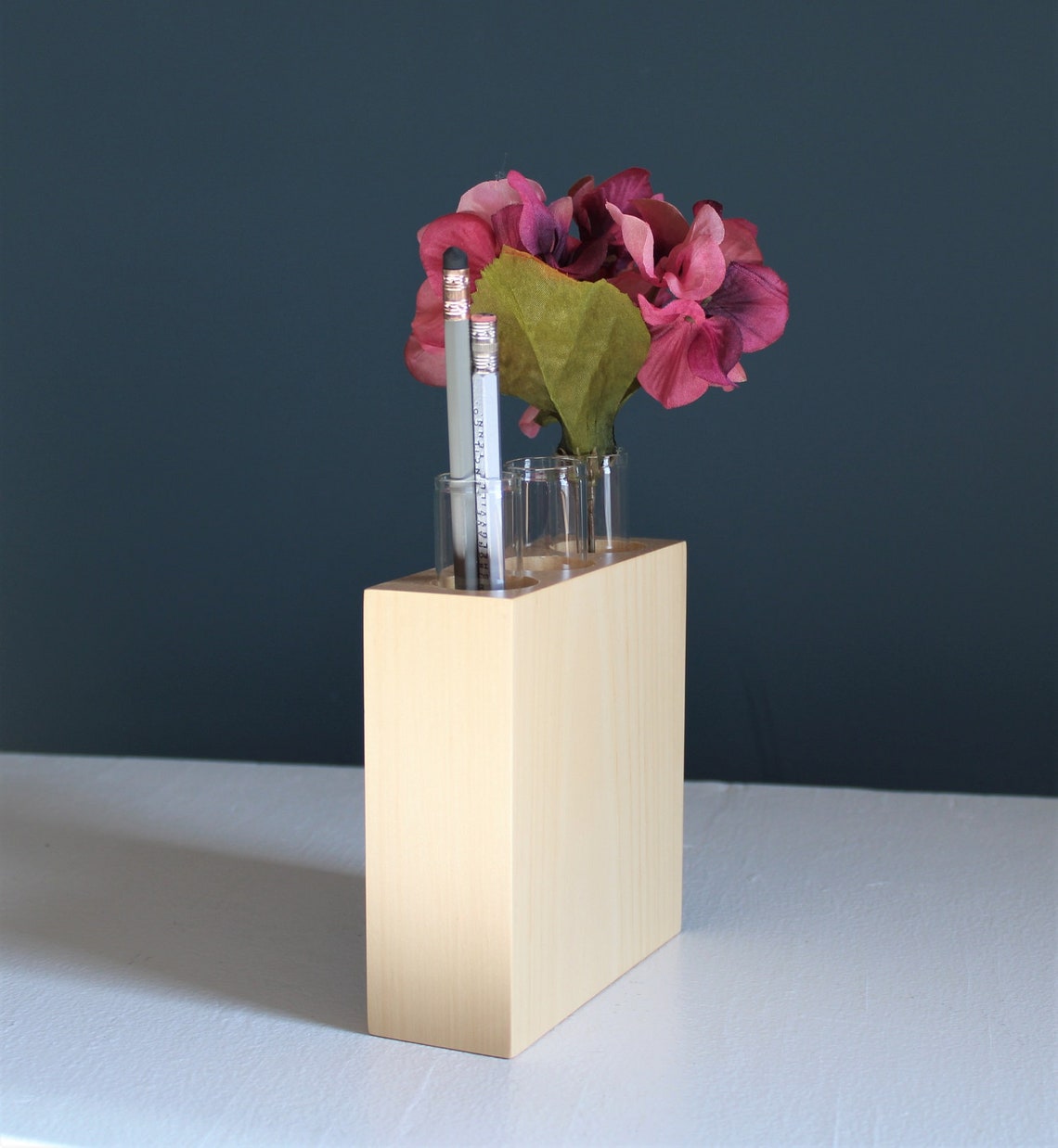 Test Tube Vase and Pencil/pen Holder, Glass Tube and Wooden Box, Desk