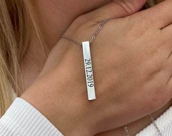 Custom Long Bar Necklace, Engraved Name Bar Necklace, Vertical Bar Necklace, Unisex Bar, Birthday Gift, Christmas Gift, Anniversary Gift