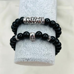 Obsidian Bead Bracelet with Silver Skull Charm