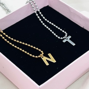 Collar de letras con nombre con cadena de bolas de cuentas, cadena de etiquetas, collar con colgante inicial, regalo de joyería