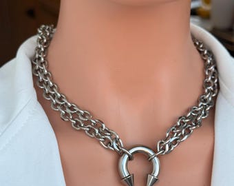 Silver Double Stainless Steel Chain Choker U-shaped Horseshoe Clasp Spike Necklace Punk Goth Edgy Unisex Jewelry