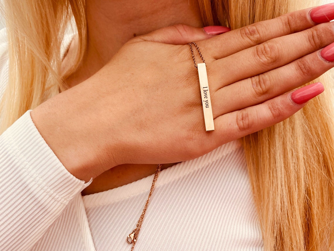 Personalized Name Necklace Vertical Bar Necklace Engraved Etsy