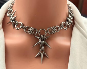 Silver Stainless Steel Continuous Spike Choker Necklace Punk Goth Collar EMO Edgy Statement Heavy Metal Unisex BDSM Jewellery Gift