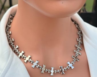 Silver Stainless Steel Bar Cross Link Choker Necklace Edgy Gothic Y2K Punk Women Men Statement Jewelry Gift
