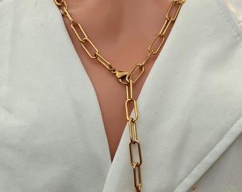 Gold Paperclip Chain Lariat Necklace Star Pendant,  Minimalist Y Jewellery, Dropping Women Fashion Accessories, Modern Trendy Chic Gift