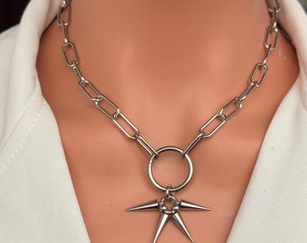 Collar con colgante de cadena de clip de plata con punta de acero inoxidable de 7 mm, pieza central, estilo gótico, punk y vanguardista, joyería unisex.