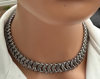 Silver Stainless Steel Chainmail Choker Necklace – Chunky Gothic Punk Statement Chain for Men & Women, Custom Handmade Jewellery