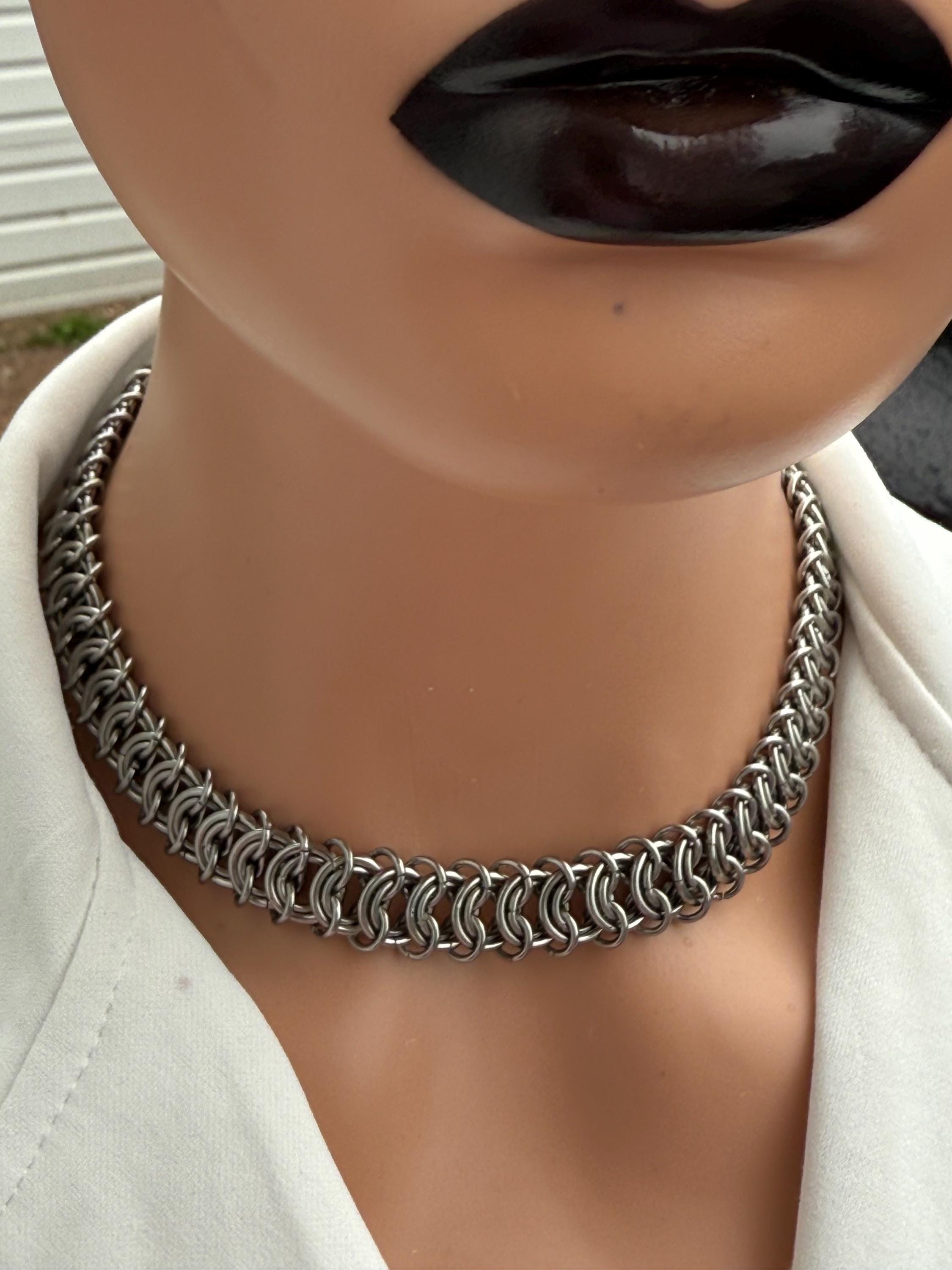 Silver Stainless Steel Chainmail Choker Necklace – Chunky Gothic