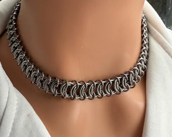 Silver Stainless Steel Chainmail Choker Necklace – Chunky Gothic
