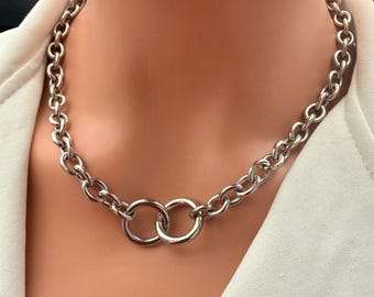 Silver Stainless Steel Double Ring Chain, Chunky 8mm Rolo Chain Necklace, Interlocking Circle, Minimalist Statement Jewelry, Unisex Gift