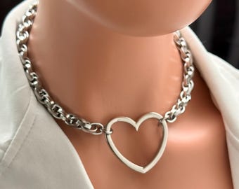 Silver Heart Choker Steel Chain Necklace, Chunky Interlocked Twisted Statement Collar Edgy Gothic Y2K Jewelry Gift
