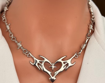 Silver Barbed Wire Choker Necklace Demon Heart Tribal Pendant