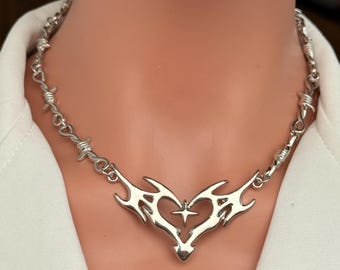 Silver Barbed Wire Choker Necklace Demon Heart Tribal Pendant Statement Gothic Y2K Punk Bold Unisex Jewellery Alternative Fashion Gift