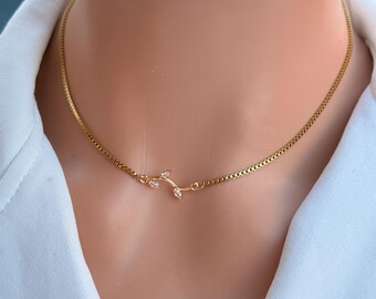 18K Gold Box Chain With Centered Clear Stone Branch Choker Necklace – Delicate Crystal Leaf Design Handmade Jewelry
