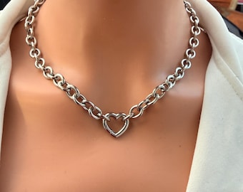 Stainless Steel Heart Necklace Carabiner Front Opening 8mm Rolo Chain Chunky Minimalist Contemporary Gift Women